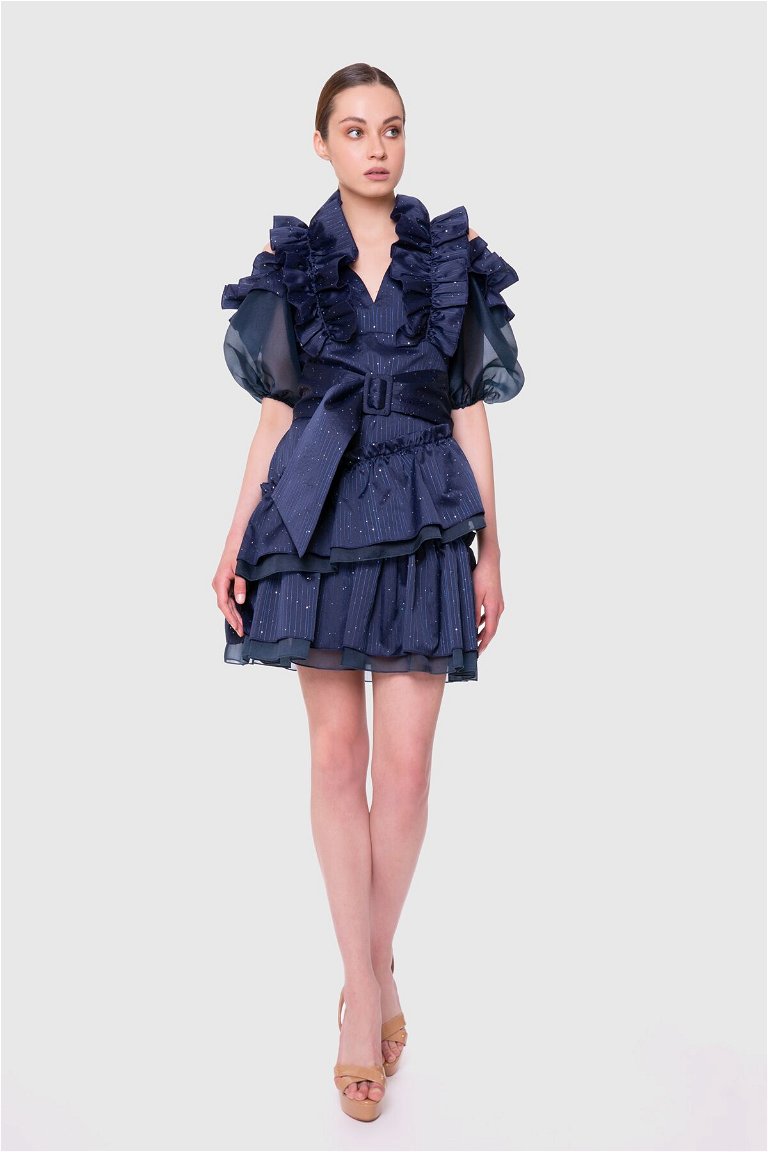 GIZIA - Katlı Fırfır Detaylı, Karpuz Kolllu Kemerli Mini Elbise