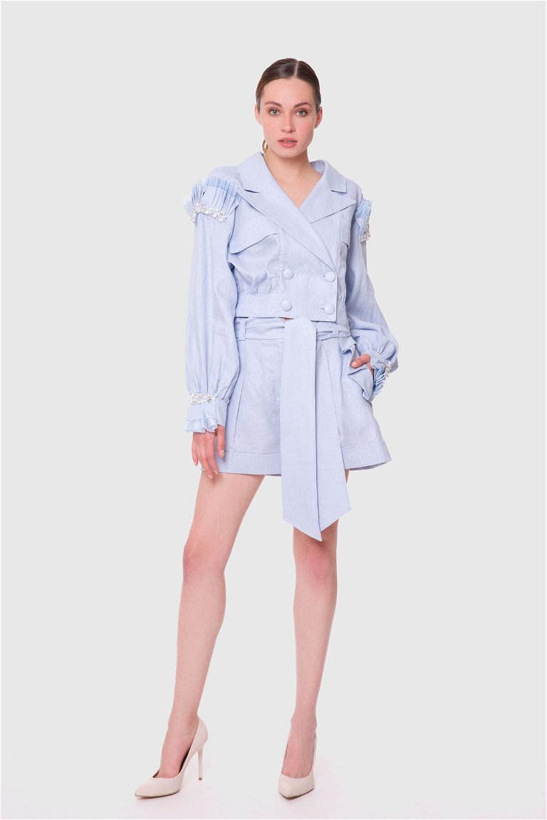 GIZIA - Embroidered And Frill Detailed Collar Buttoned Baby Blue Short Blouse Jacket