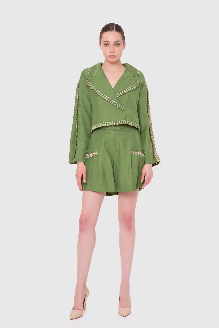 GIZIA - Tassel Ribbon Detailed Embroidered Green Crop Jacket