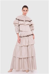 GIZIA - Embroidered Detailed, High Waist Bodice, Pleated Layered Stone Color Long Skirt