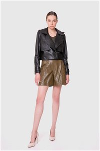GIZIA - High Waist Khaki Leather Shorts