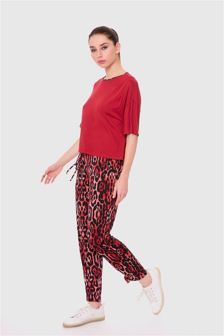 GIZIA - Desenli Jogger Fuşya-Kırmızı Pantolon Bluz Takım