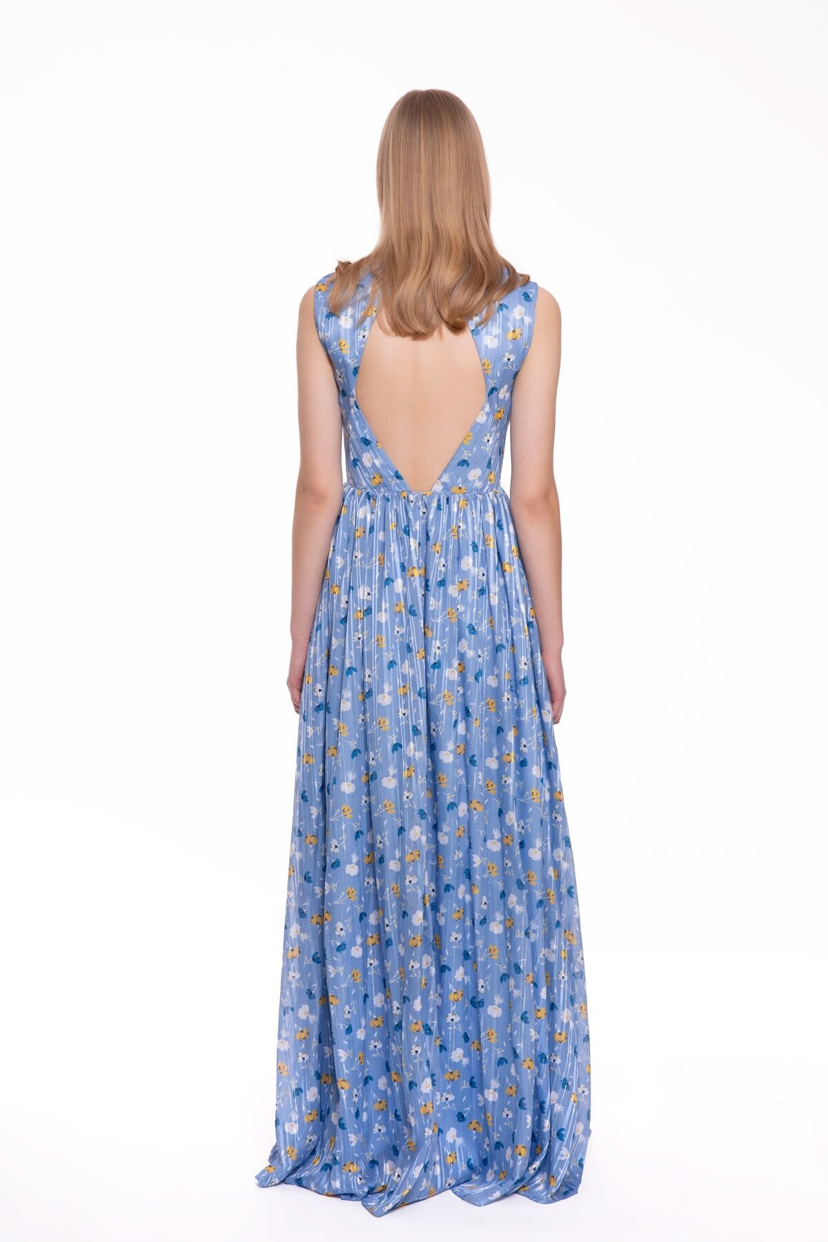 Backless Long Blue Chiffon Dress