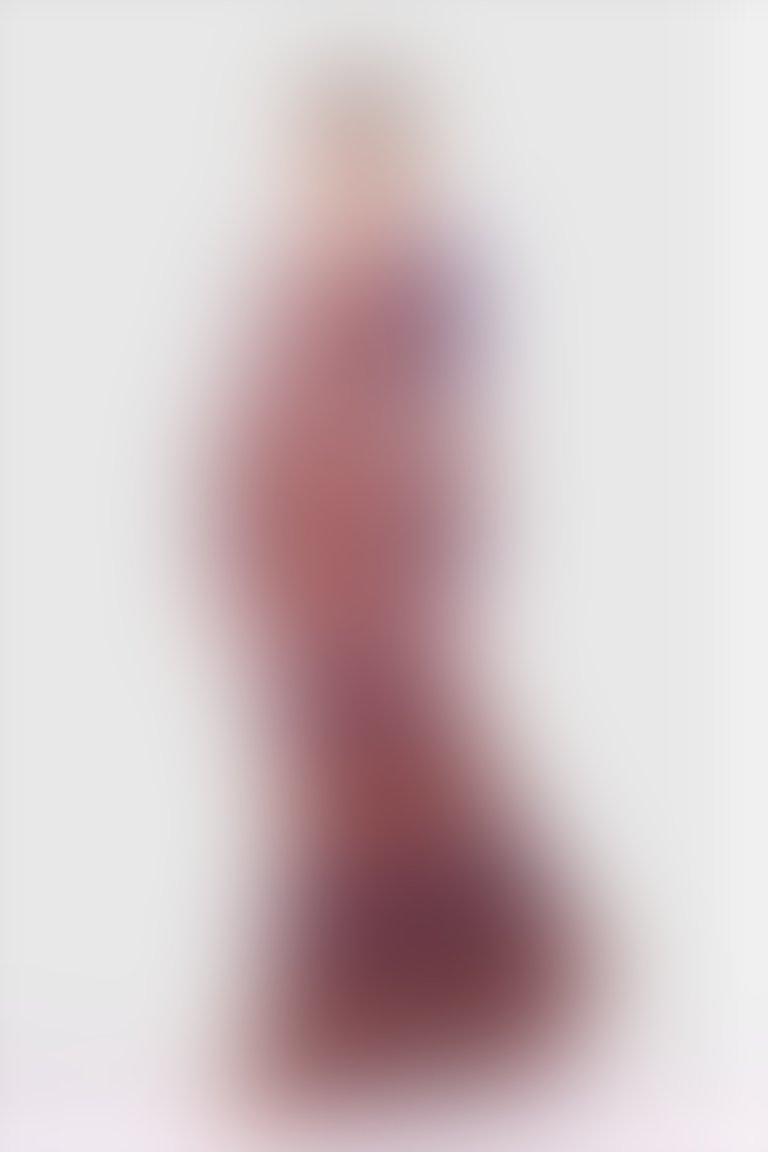 Dantel Detaylı V Yaka Uzun Ekose Turuncu-Pudra Elbise