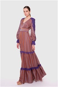 GIZIA - Lace Detailed V Neck Long Plaid Orange-Powder Dress 