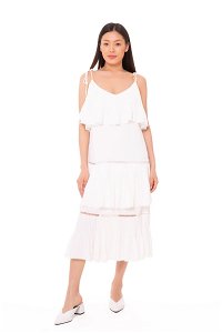 GIZIA - Pilise Detaylı Midi Boy Şifon Beyaz Elbise