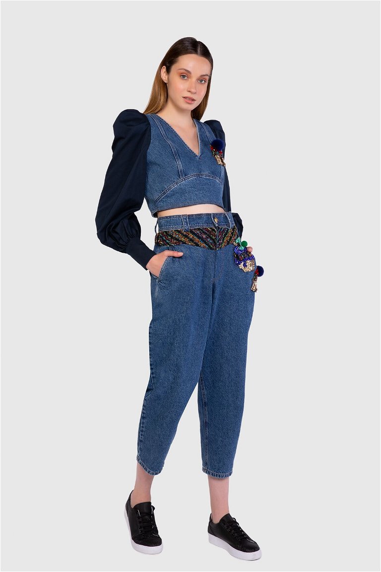 GIZIA - Garni Fabric Detailed Blue Slouchy Jeans