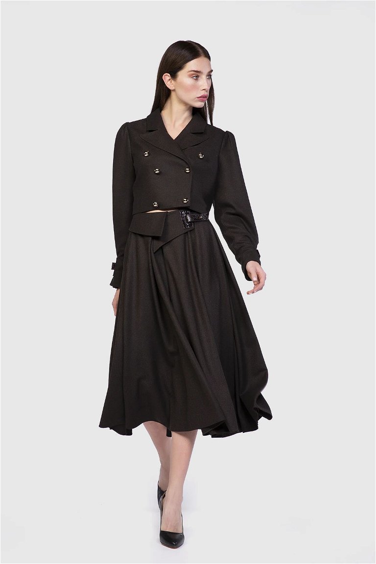 GIZIA - Leather Buckle Detail Ankle Length Voluminous Black Skirt