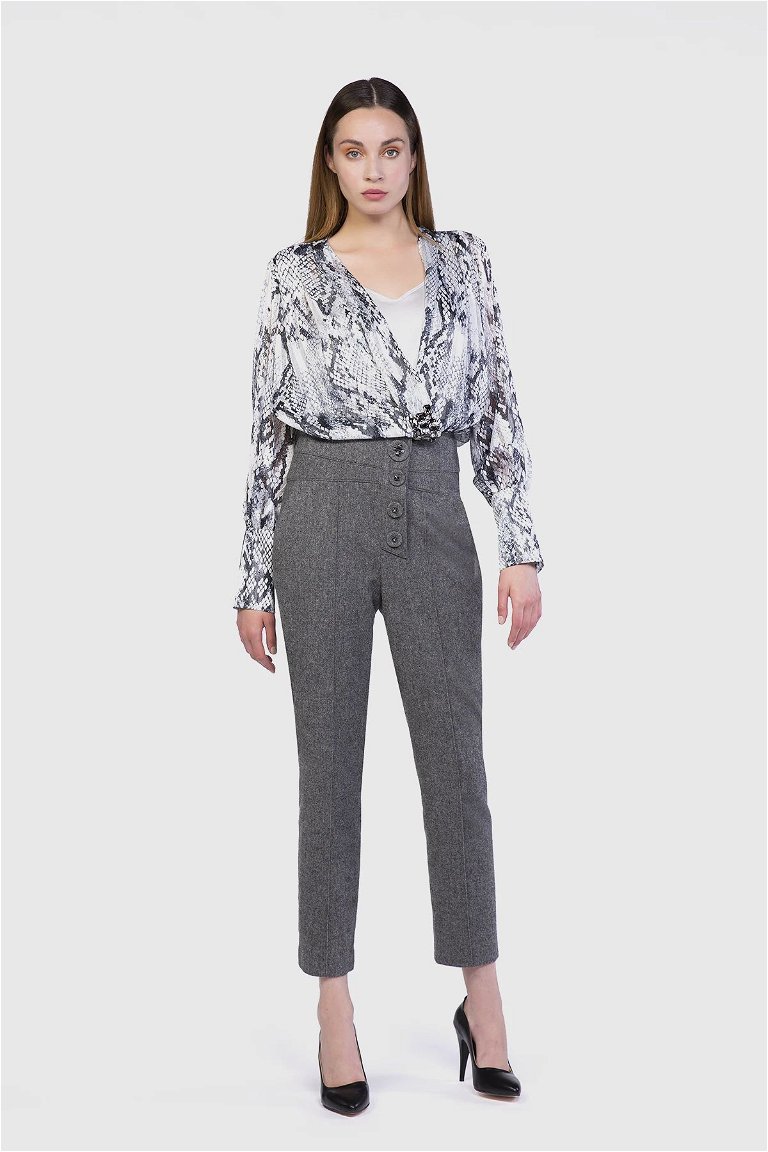 GIZIA - Buttons Stone Embroidered Wool Fabric Gray Trousers