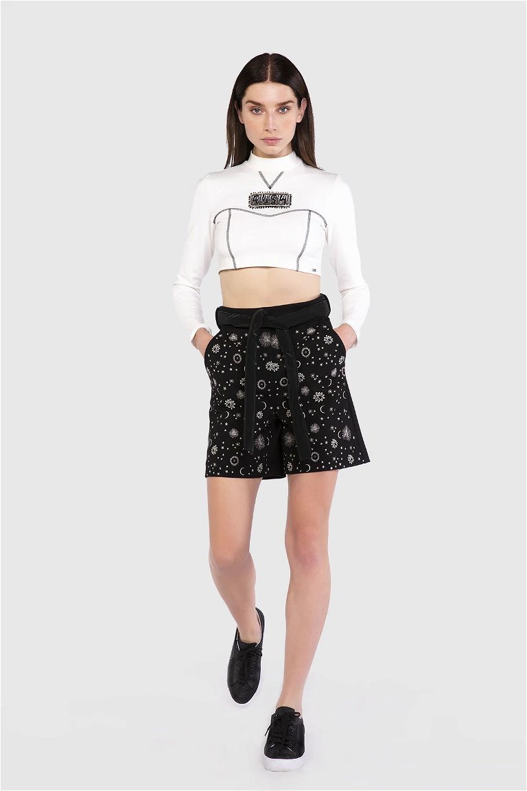 GIZIA SPORT - Embroidery Patterned High Waist Black Shorts