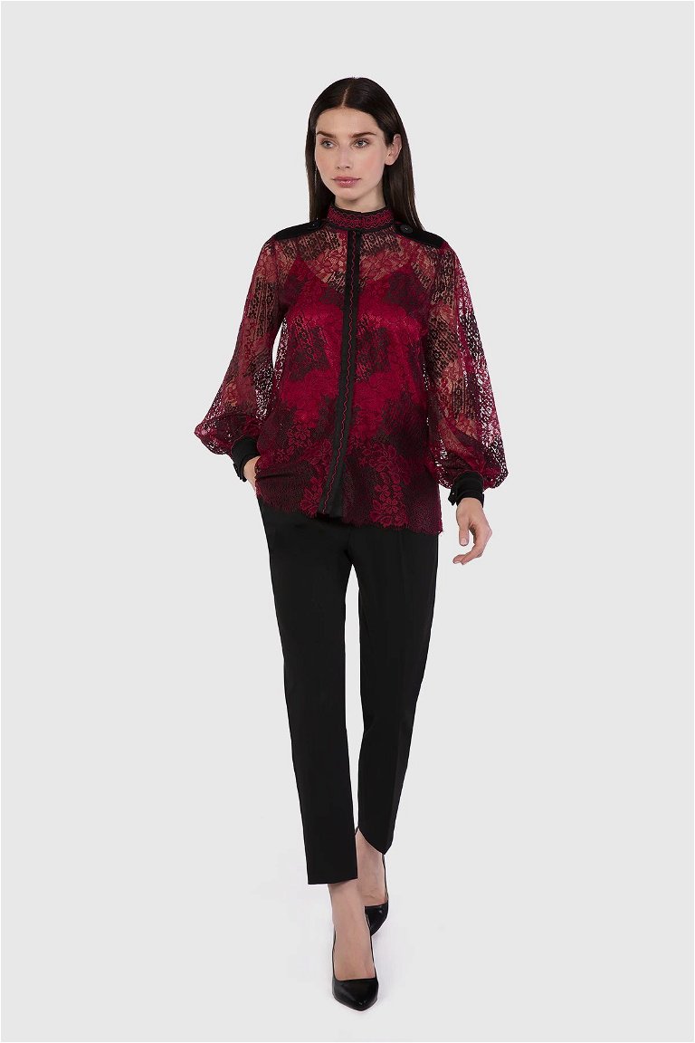 GIZIA - Epaulette And Ribbon Detailed Lace Transparent Red Blouse