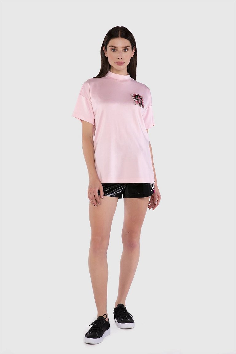 GIZIA SPORT - Nakış Detaylı Dik Yaka Oversize Pembe T-Shirt