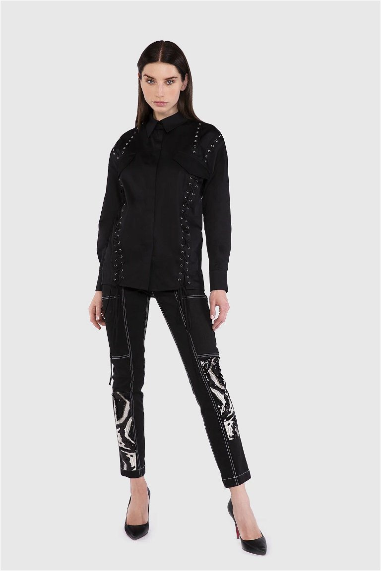GIZIA - Lace Detailed Poplin Black Shirt