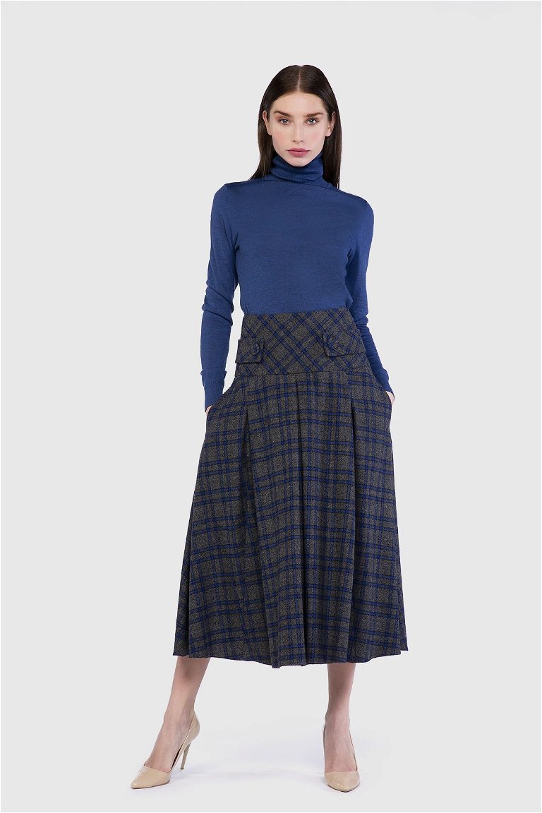 GIZIA - Pleated Detailed Midi Length Plaid Anthracite Wool Skirt