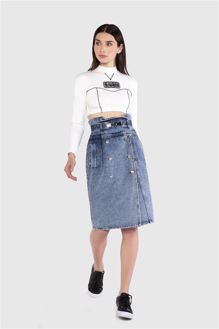 GIZIA - Button And Belt Detailed Midi Length Blue Jean Skirt