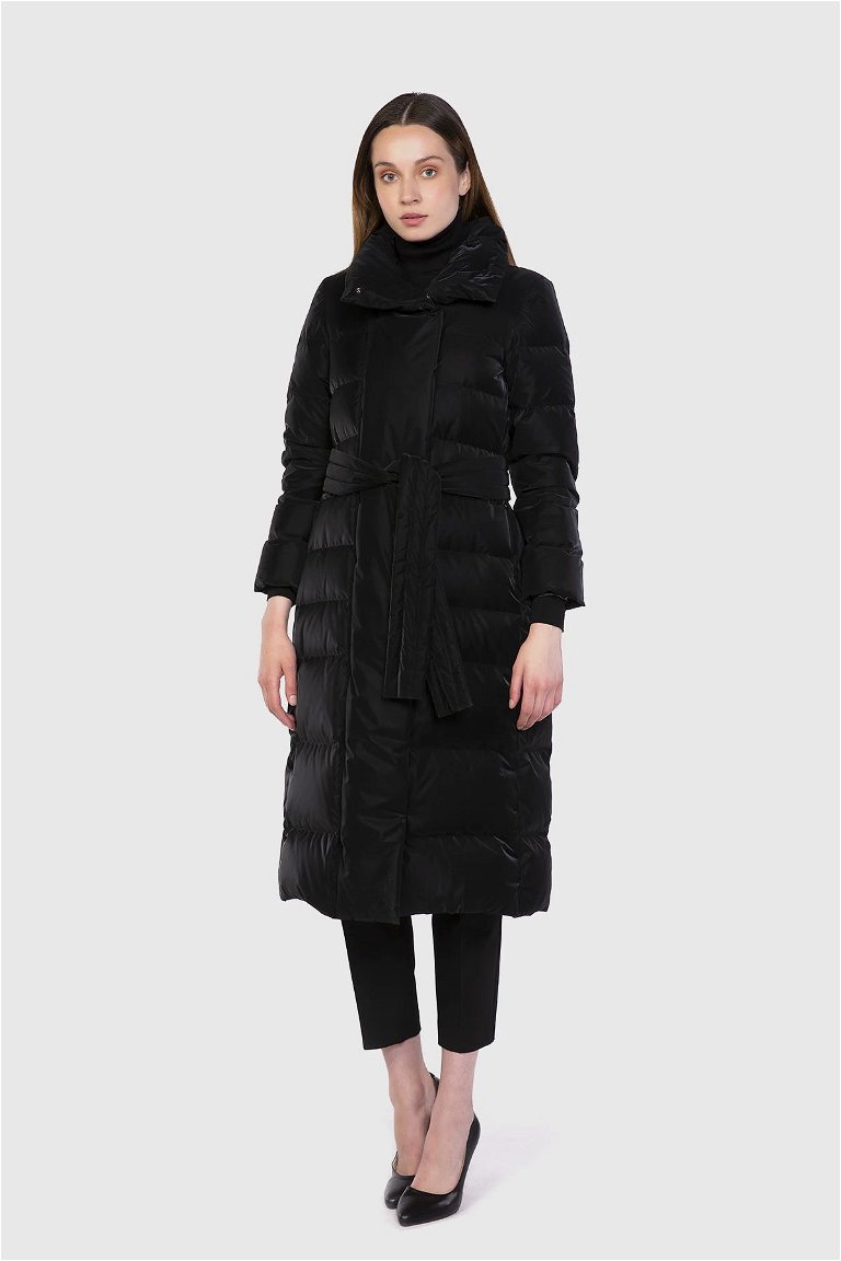 GIZIA - Upright Collar Belted Inflatable Black Coat