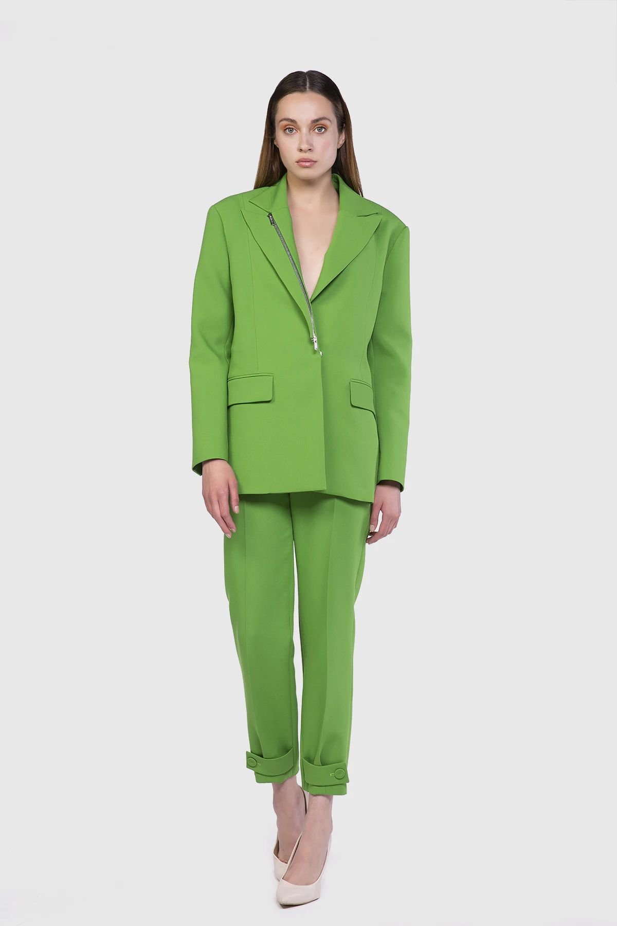 Yakası Fermuar Detaylı Oversize Form Yeşil Ceket