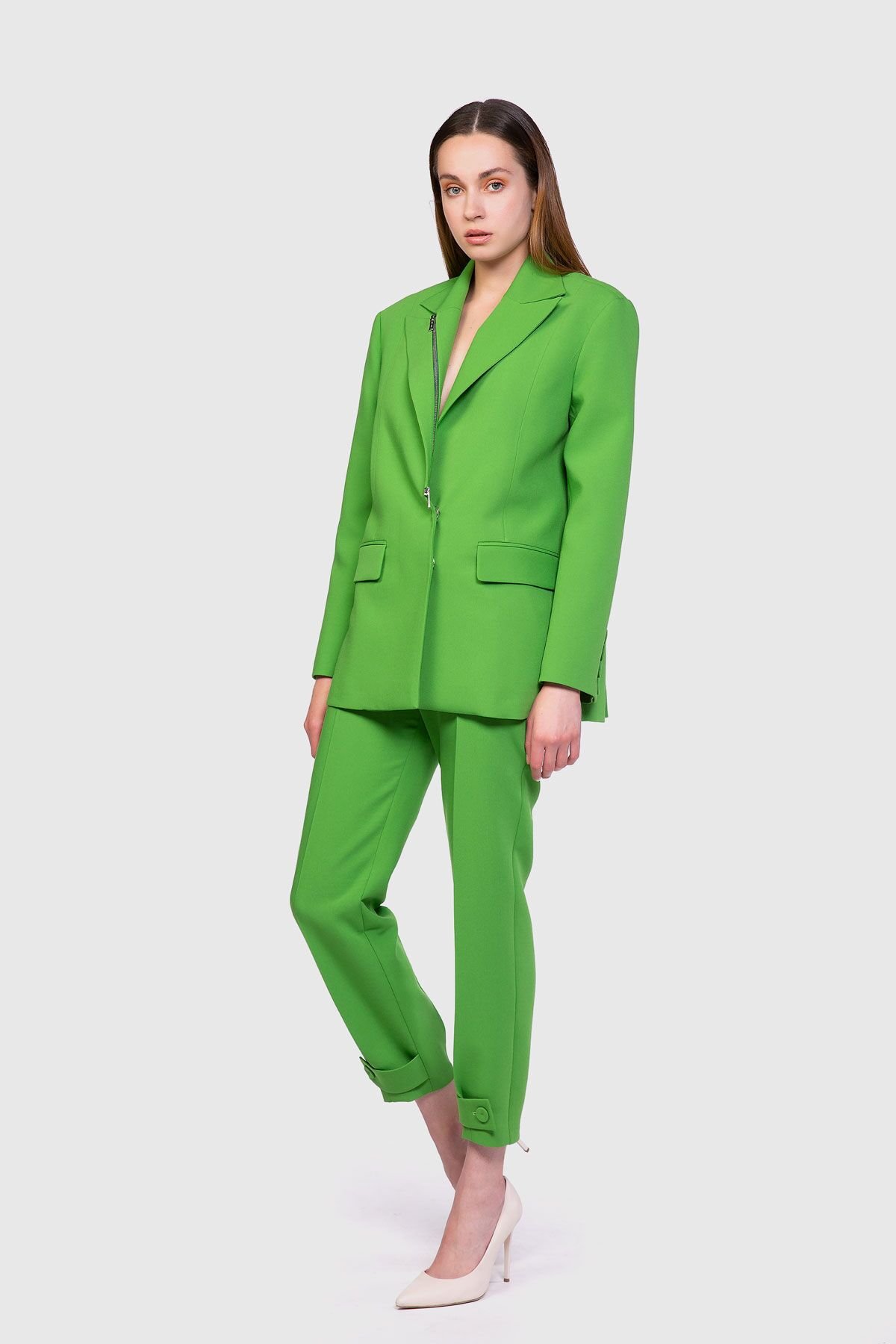 Yakası Fermuar Detaylı Oversize Form Yeşil Ceket