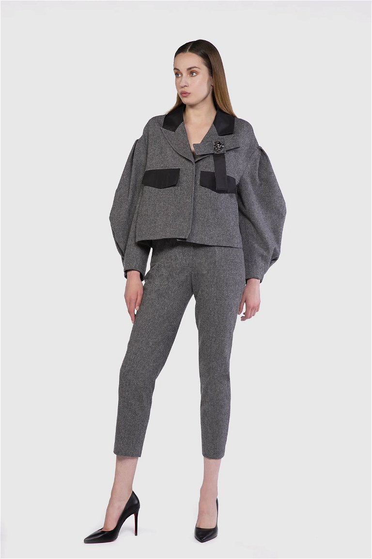 GIZIA - Pleat Detailed Bulky Sleeve Wool Fabric Gray Jacket