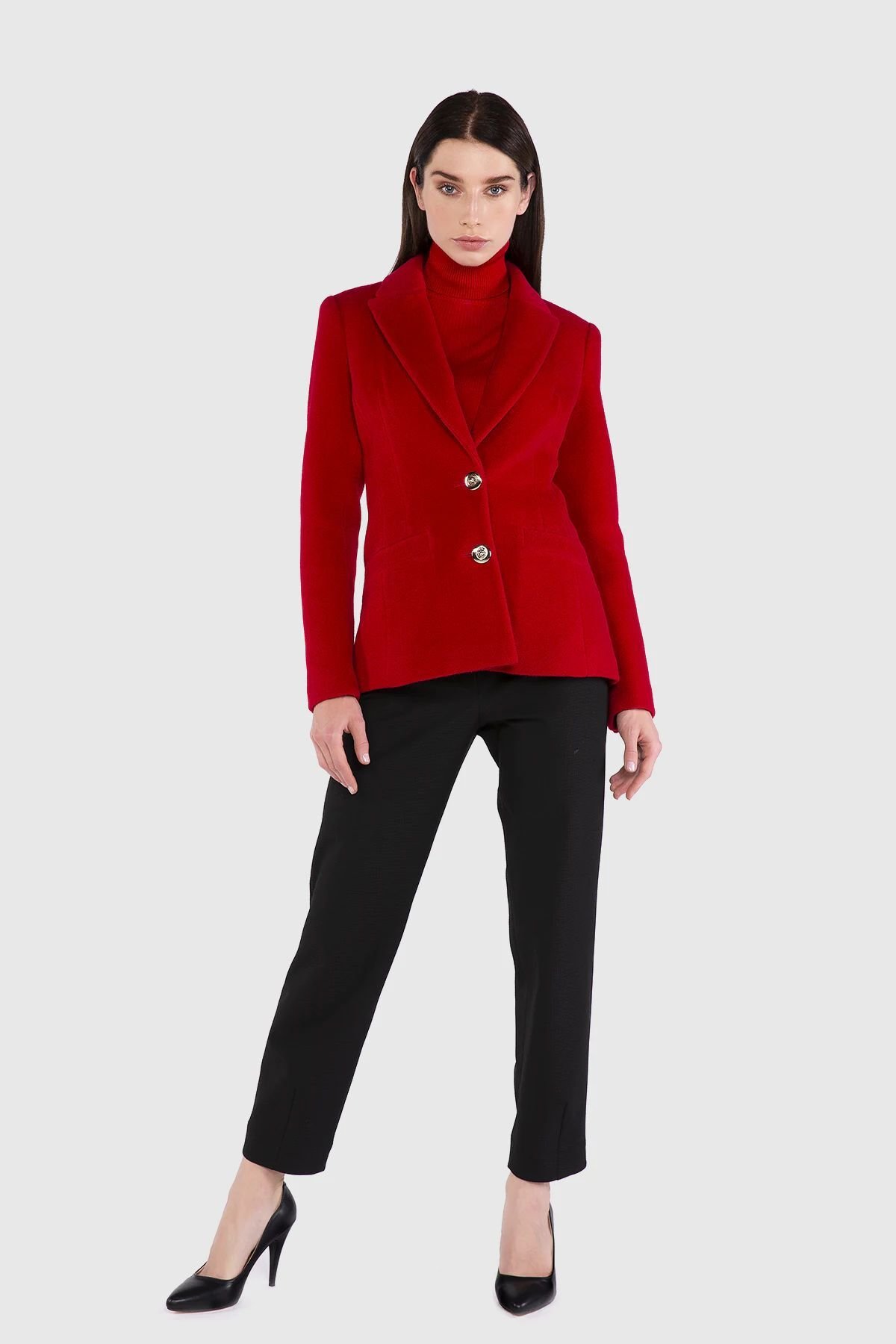 Metal Düğmeli Kaşe Kumaş Blazer Kırmızı Ceket