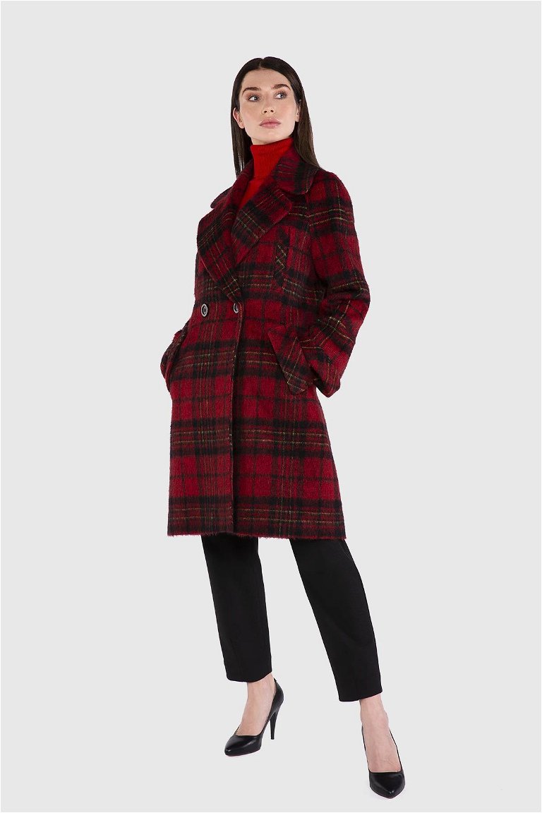 GIZIA - Double Breasted Closure Plaid Red Coat
