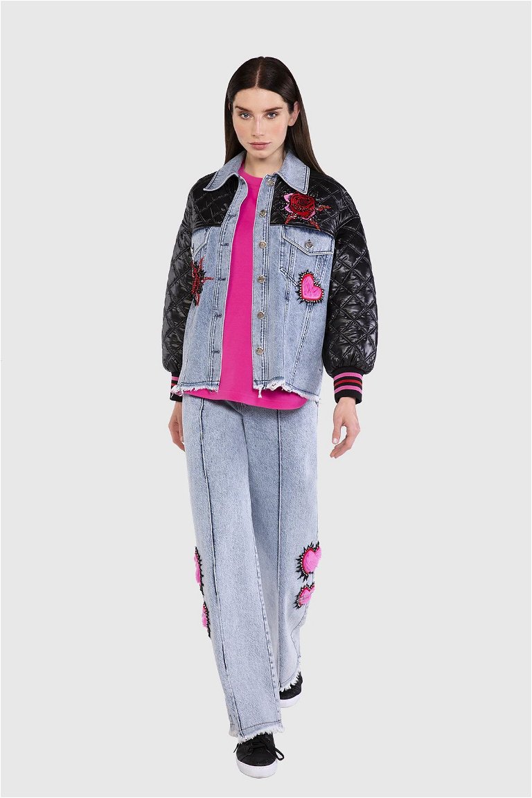 GIZIA - Quilted Top Embroidery Detailed Jean Blue Coat
