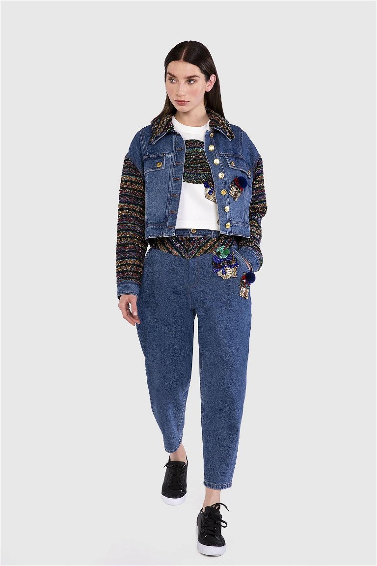 GIZIA - With Garni Fabric on the Sleeves and Collar Blue Jean Jacket