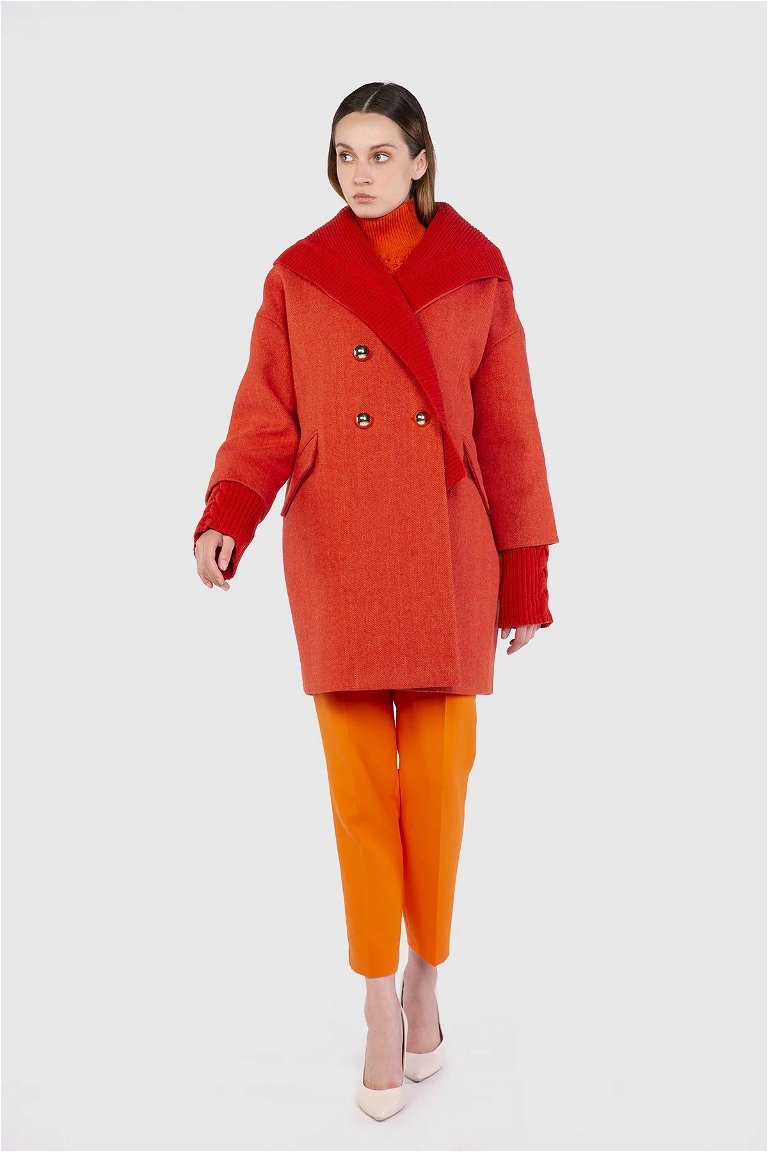 GIZIA - Knitwear Hooded Collar And Cuff Detailed Orange Coat