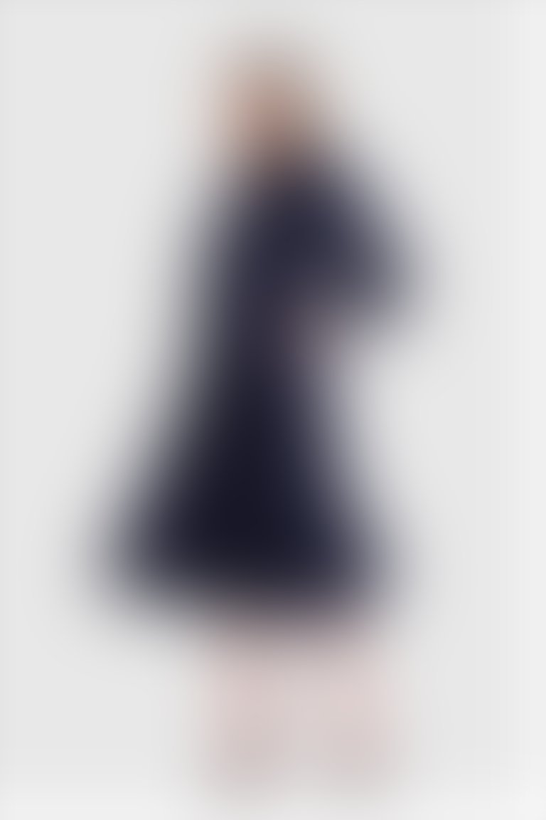İşleme Düğme Detaylı Bilek Boy Ekose Lacivert Elbise