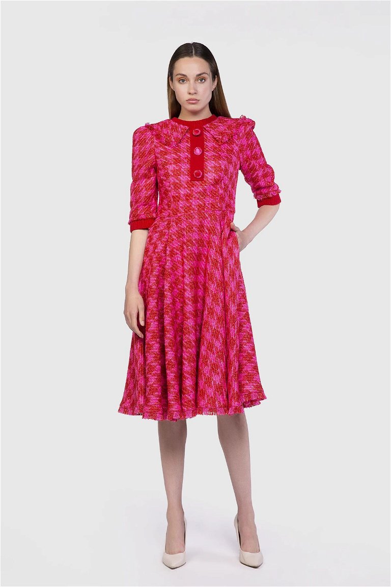 GIZIA - Knitwear And Button Detailed Midi Length Pink Dress