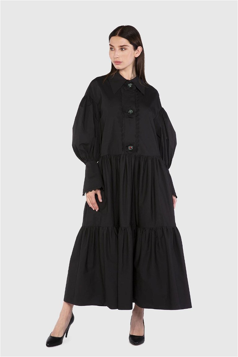 GIZIA - Wide Collar Long Poplin Black Dress