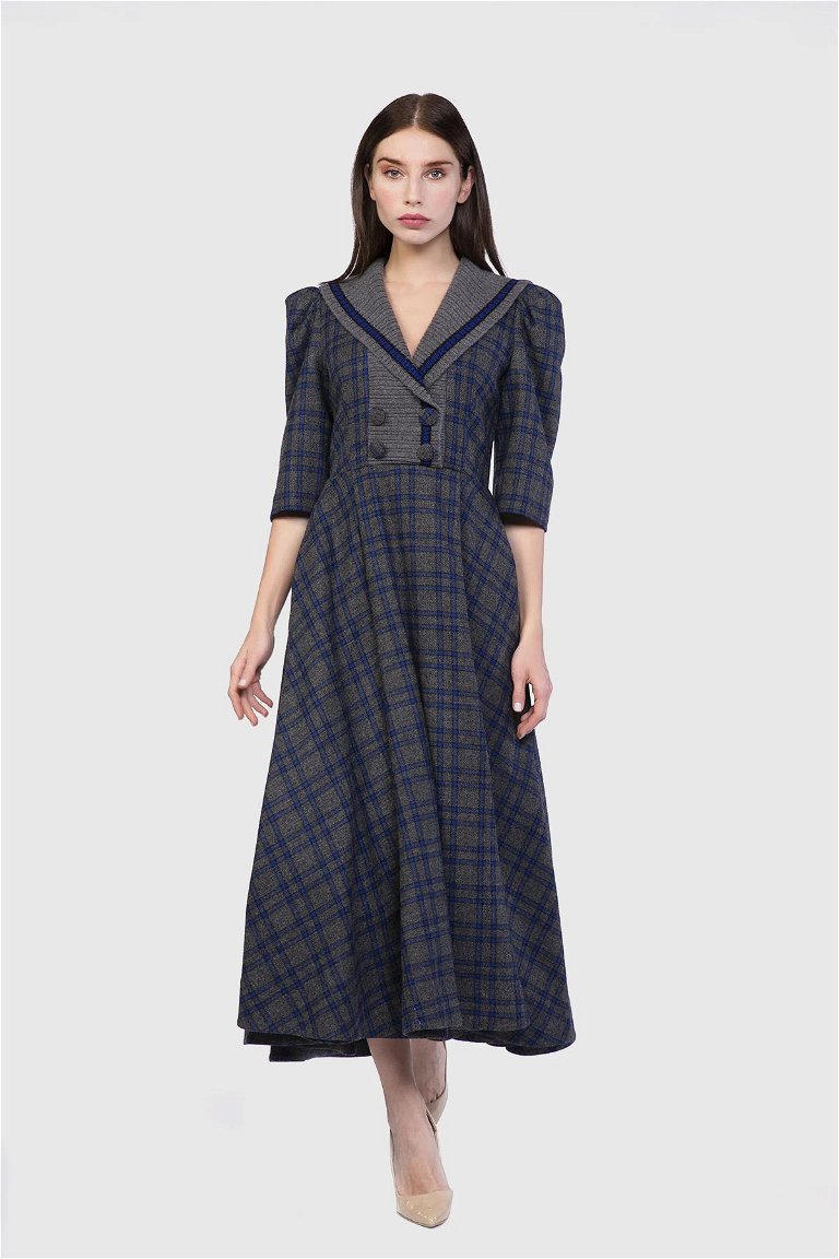 GIZIA - Knitwear Collar Detailed Ankle Length Plaid Anthracite Dress