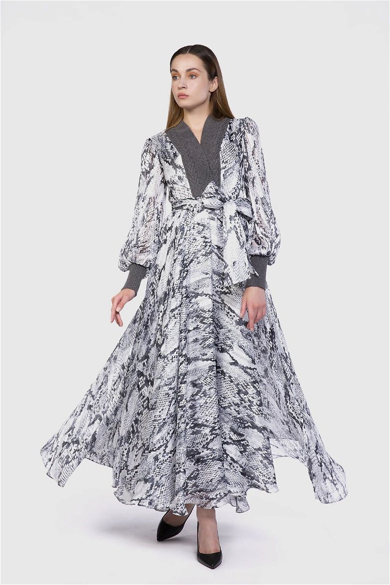  GIZIA - Knitwear Detailed Maxi Length Chiffon Gray Dress