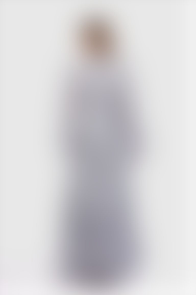 Pilise Detaylı Yakası Bağlamalı Şifon Uzun Gri Abiye Elbise