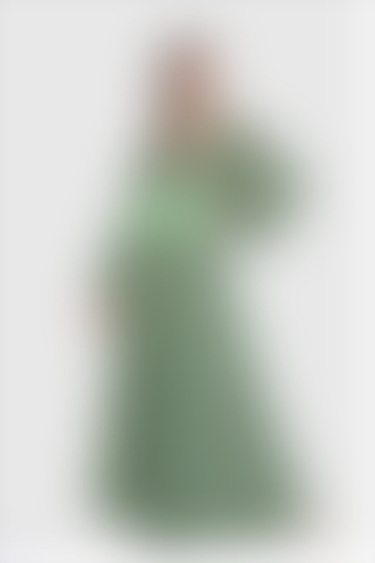 Büyük Ve Küçük Geometrik Desenli Uzun Yeşil Abiye Elbise