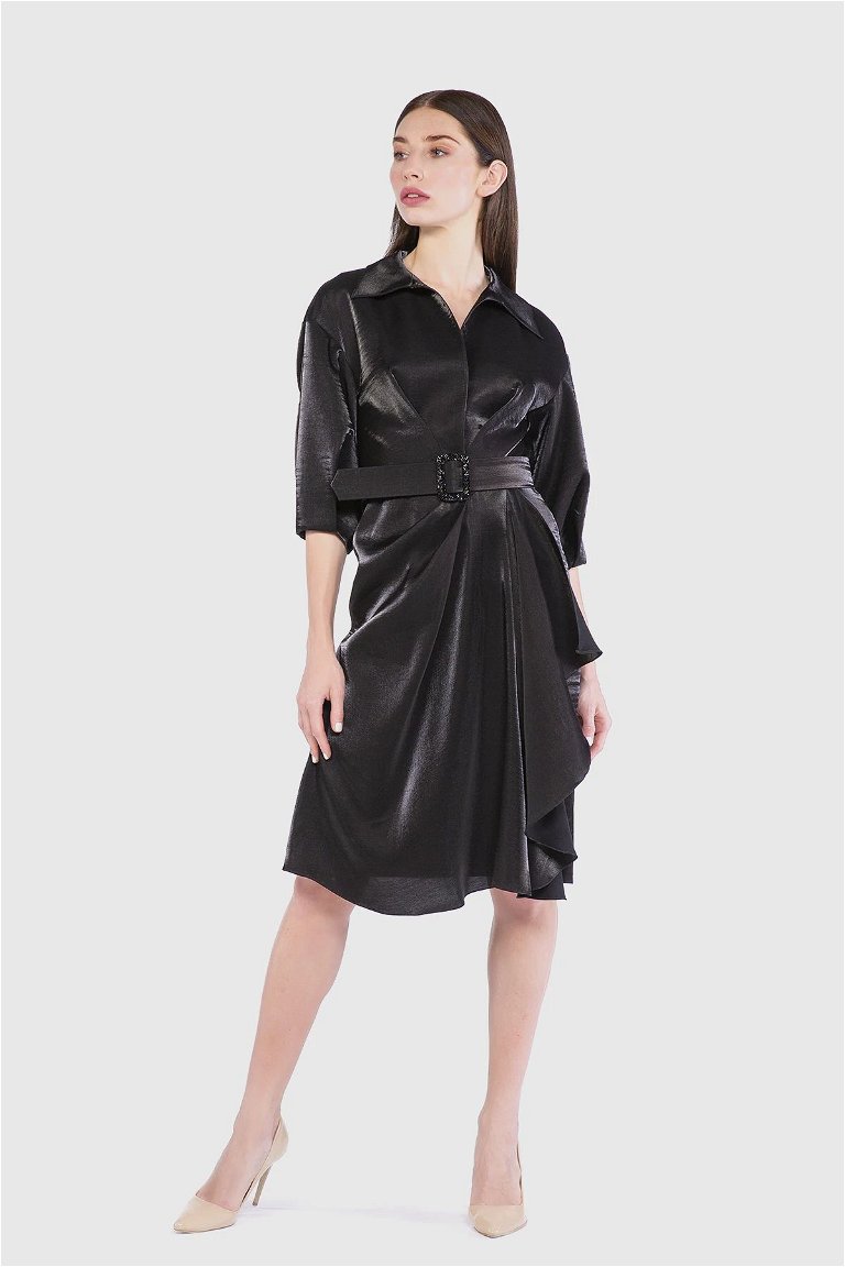  GIZIA - Shiny Surface Pleated Black Dress