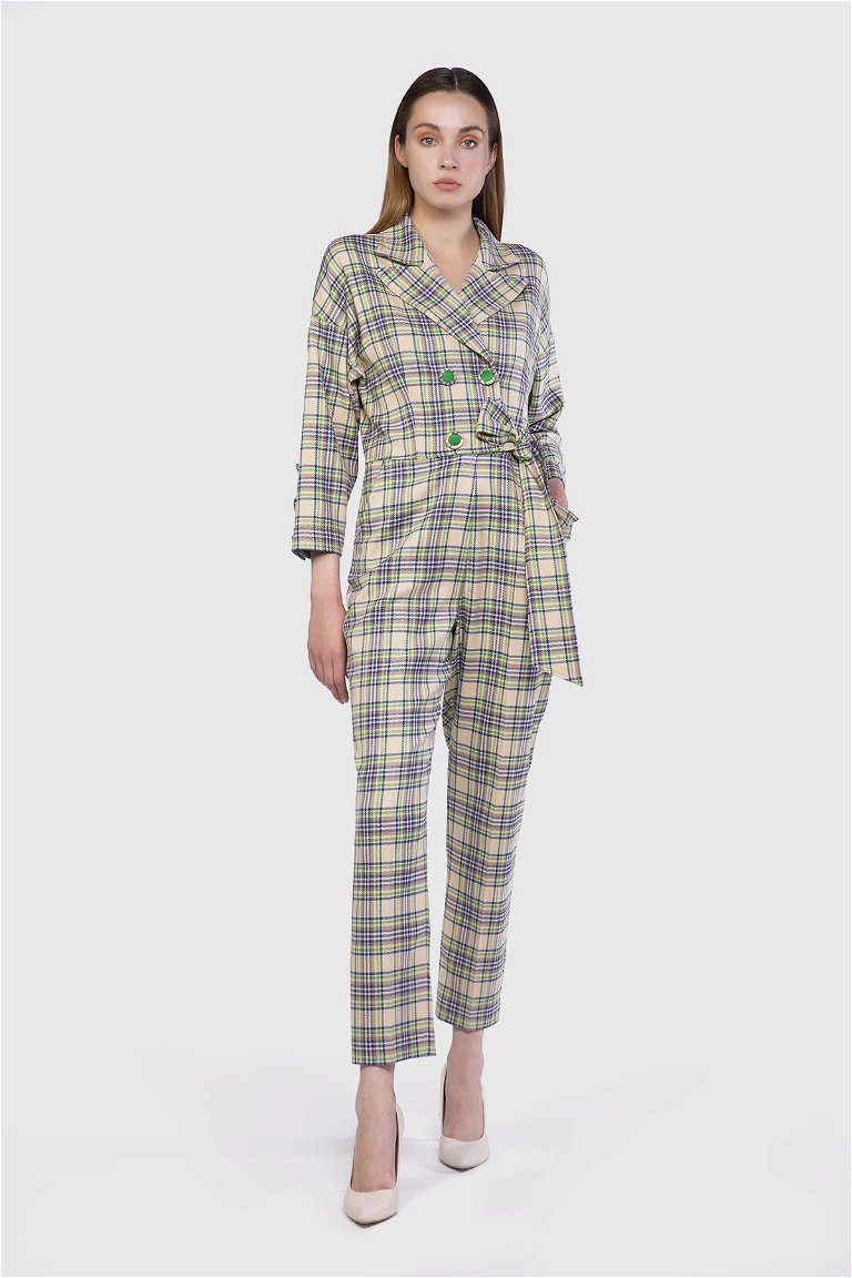 GIZIA - Button Detailed Side Belted Plaid Green Jumpsuit