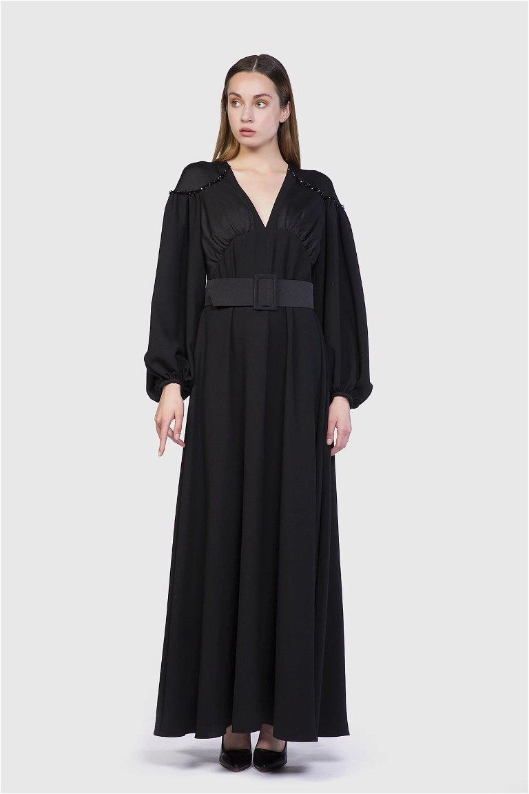 GIZIA - Kontrast Kumaşlı Ve Boncuk İşleme Detaylı Siyah Elbise