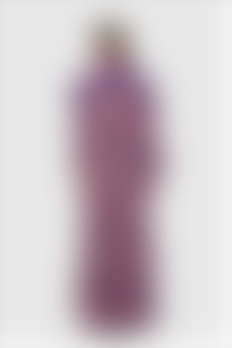 Yakası İşlemeli Büzgülü Uzun V Yaka Mor Abiye Elbise