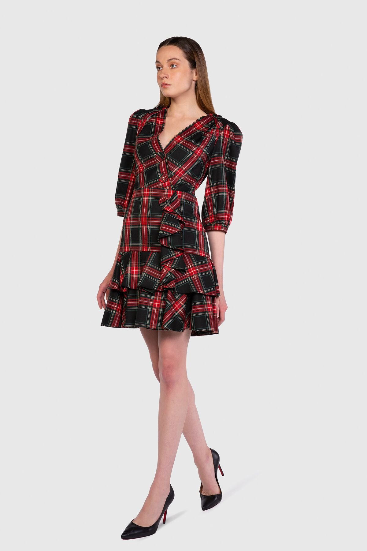 Red Plaid Dress With Ruffle Sleeves And Flounces Detail