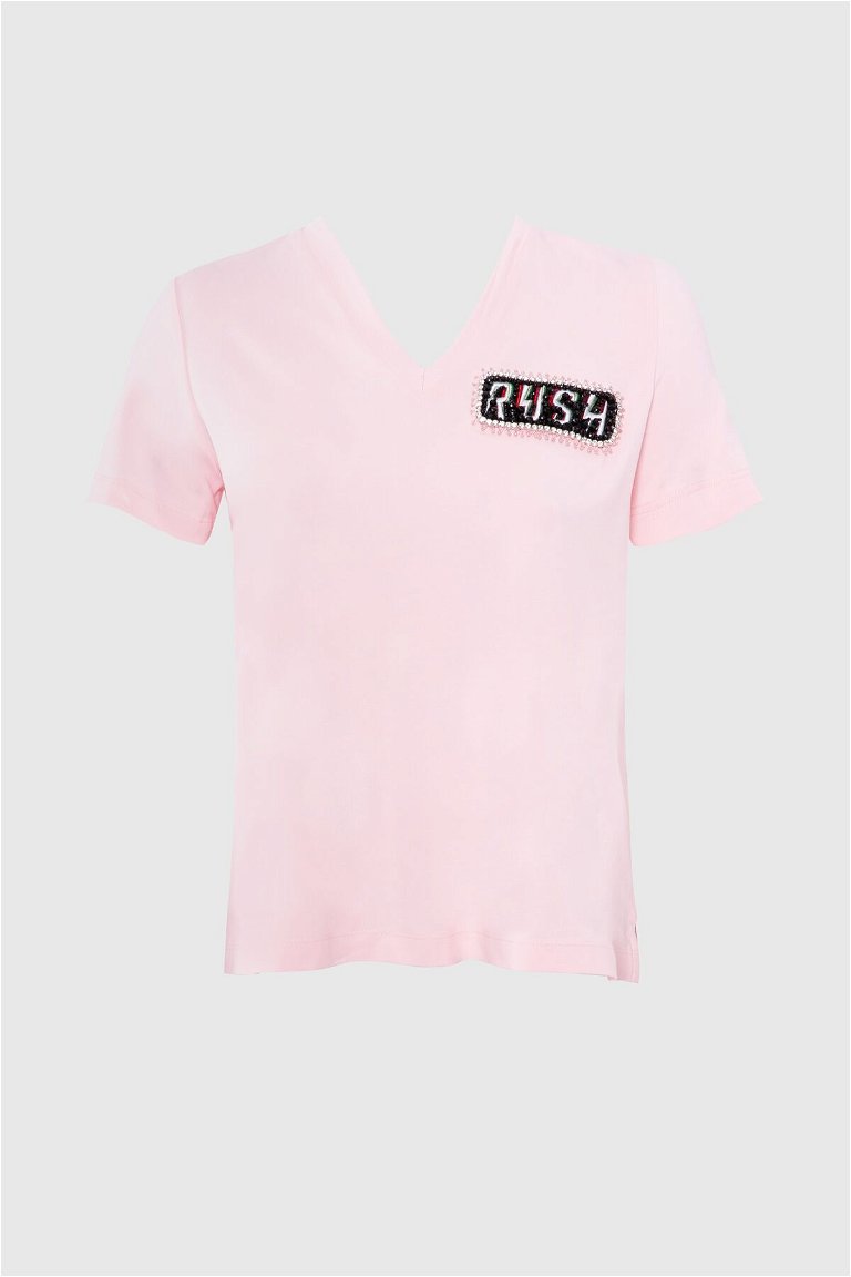 GIZIA SPORT - Embroidered Crest Detailed V-Neck Basic Pink Tshirt