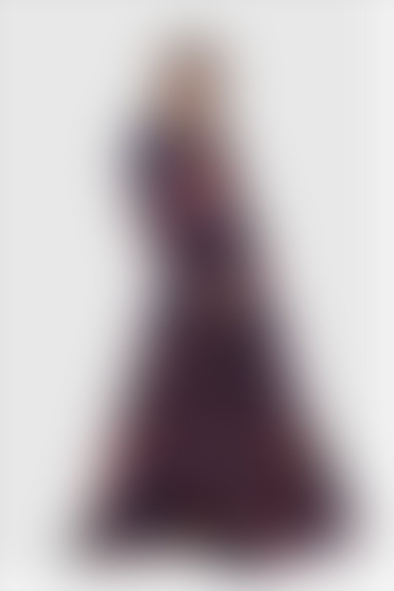 Triko Yaka Ve Kuşak Detaylı V Yaka Uzun Çiçekli Turuncu Elbise