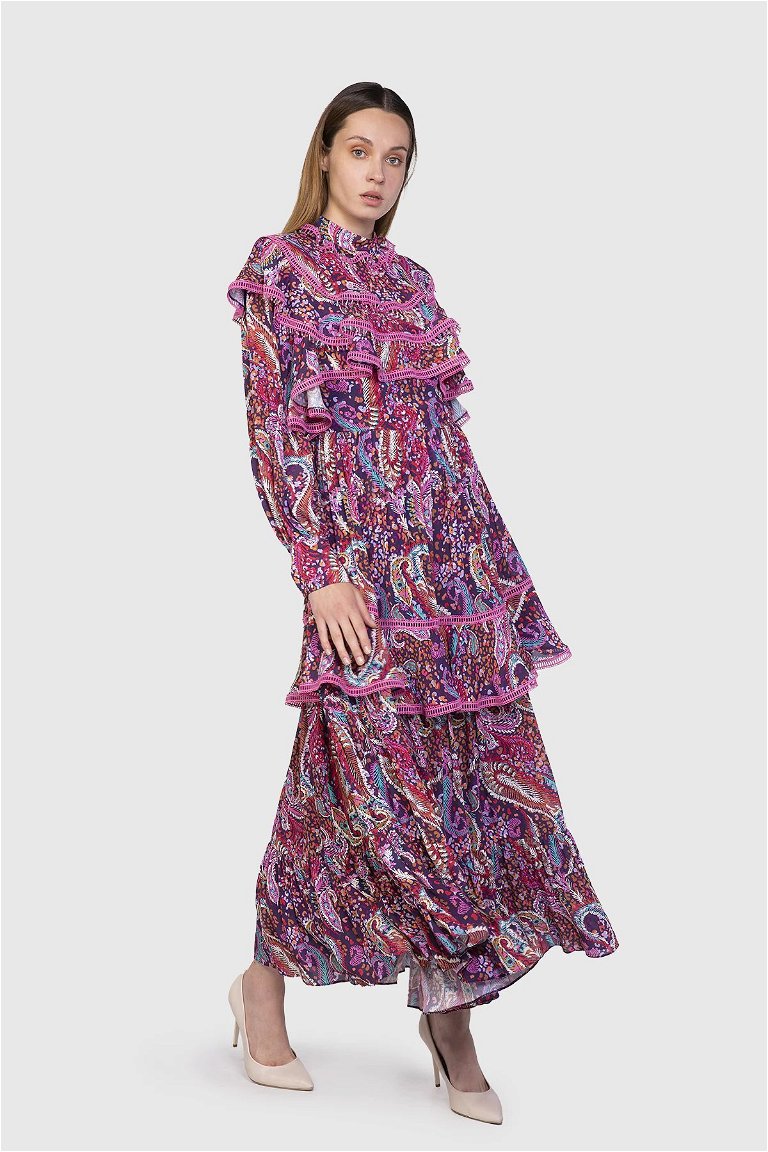 GIZIA - Yakası Fırfır Detaylı Yarasa Kol Bordo Elbise
