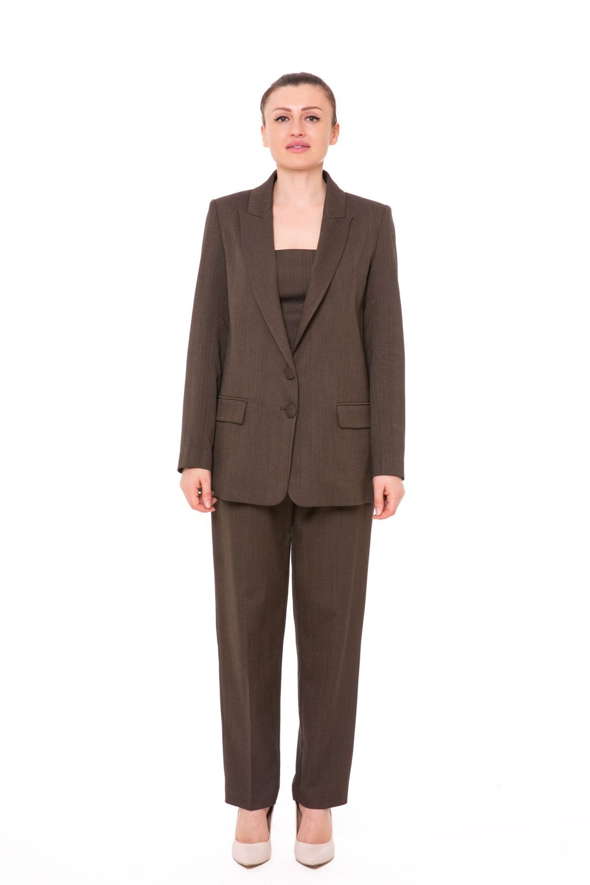 Top Bluzlu Üçlü Kahverengi Kadın Takım Elbise