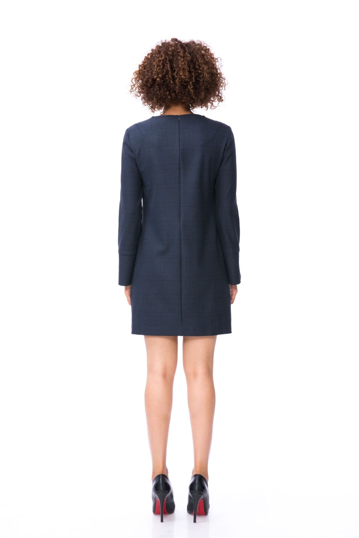Düğme Detaylı İki Cepli Ekose Lacivert Mini Elbise