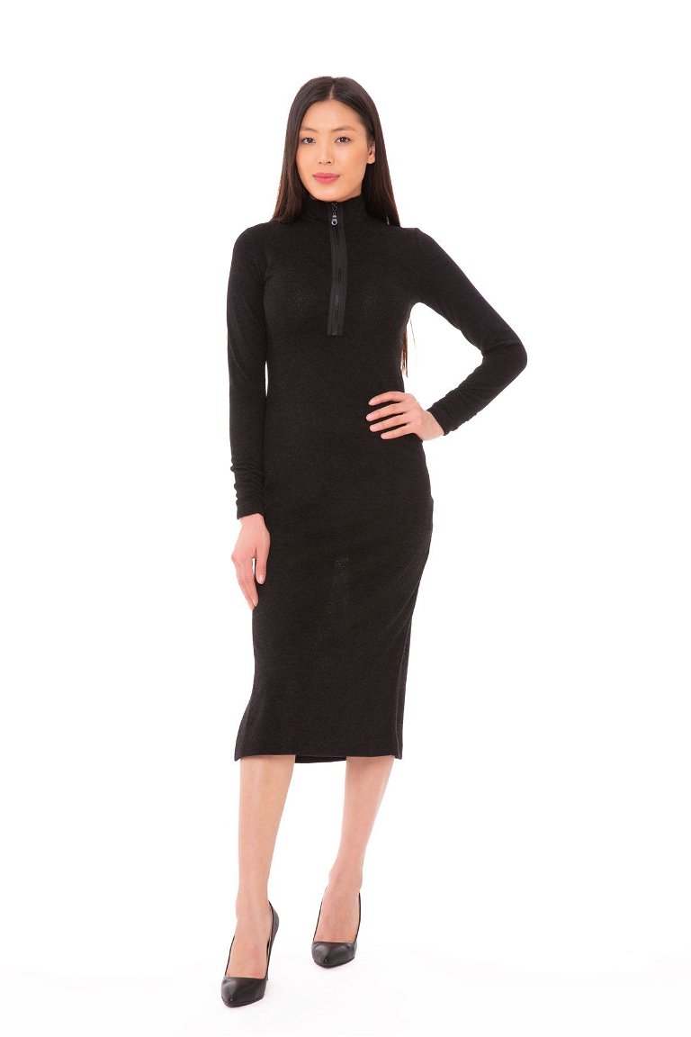 KIWE - Fermuar Detaylı Örme Midi Siyah Elbise