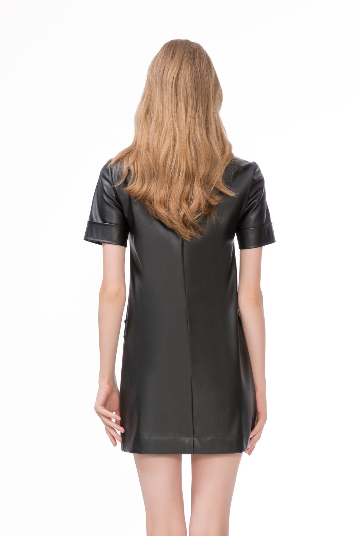 Leather Short Sleeve Studded Mini Black Dress
