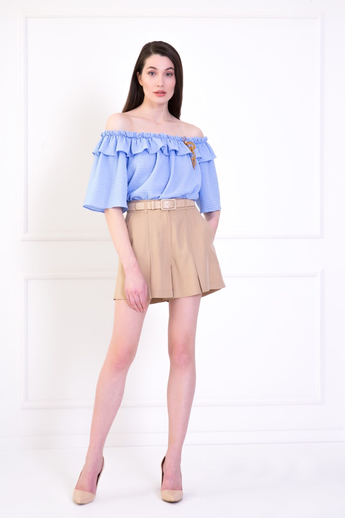 Ruffle Detailed Brooch Blue Blouse With Elastic Sleeves