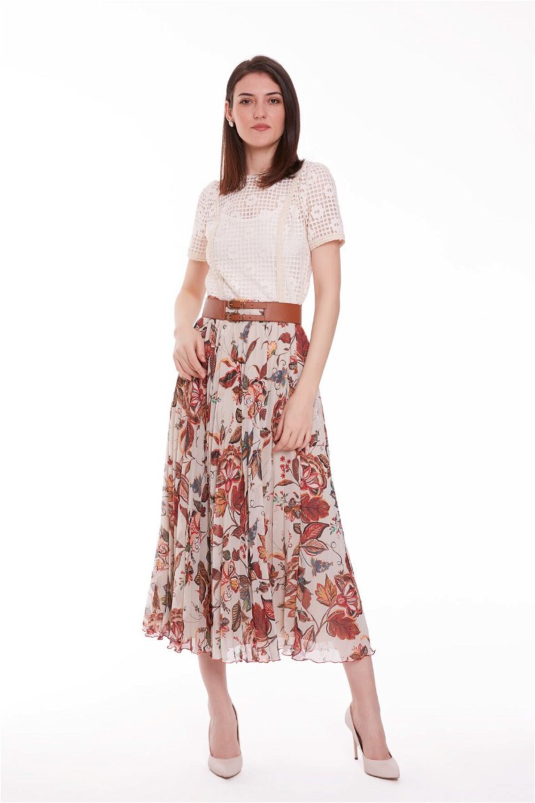 KIWE - Belted Flower Patterned Pleated Midi Skirt