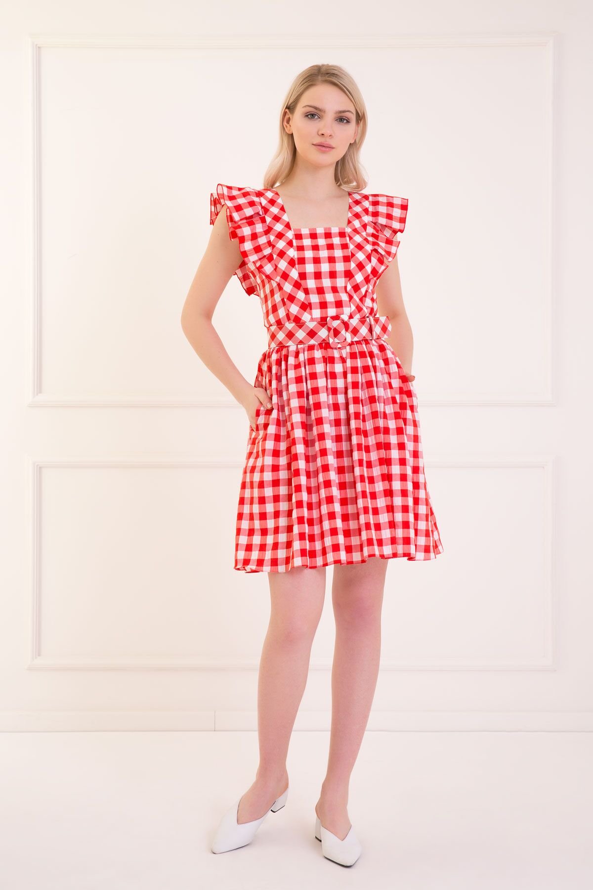 Gingham Volan-Sleeve Belted Mini Red Dress